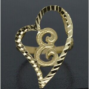 Real 10K Solid Yellow Gold Women Heart Initial Letter Ring 27mm A-Z Sizes 4-9